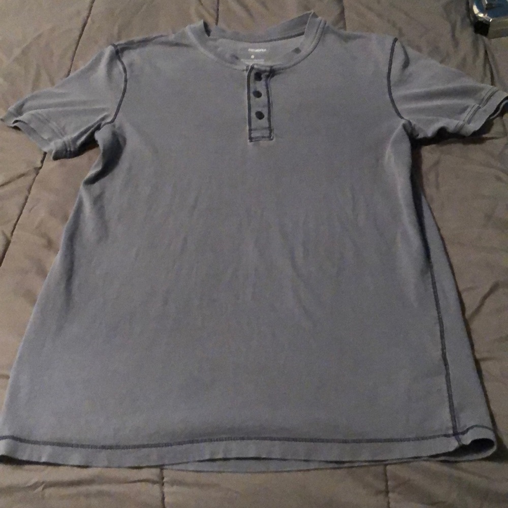 Blue button up t-shirt. 100% cotton